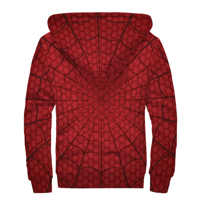 Red Spider Web Print Sherpa Lined Zip Up Hoodie
