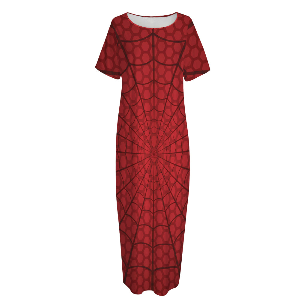 Red Spider Web Print Short Sleeve Long Nightdress