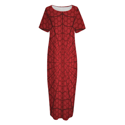 Red Spider Web Print Short Sleeve Long Nightdress