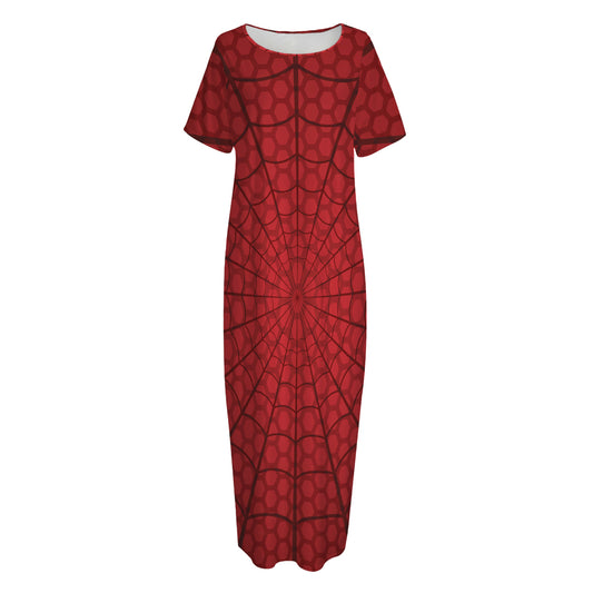 Red Spider Web Print Short Sleeve Long Nightdress