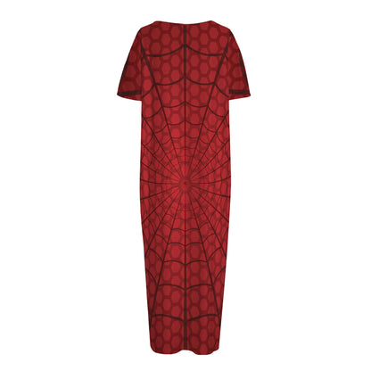 Red Spider Web Print Short Sleeve Long Nightdress