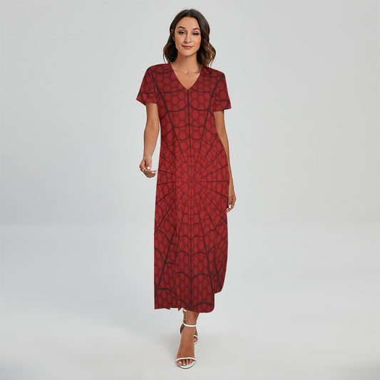 Red Spider Web Print Short Sleeve Maxi Dress
