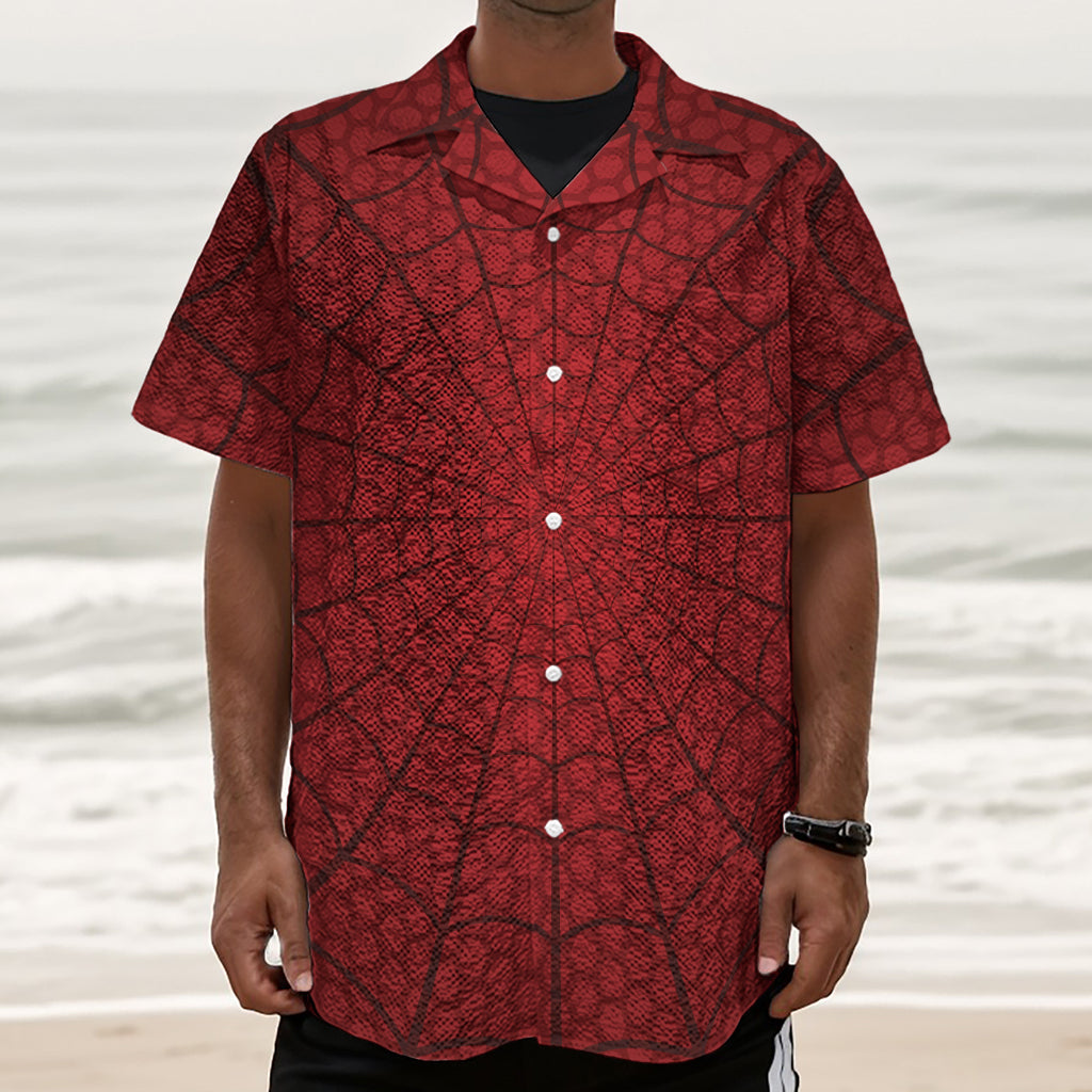 Red Spider Web Print Textured Short Sleeve Shirt