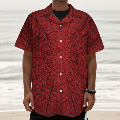 Red Spider Web Print Textured Short Sleeve Shirt