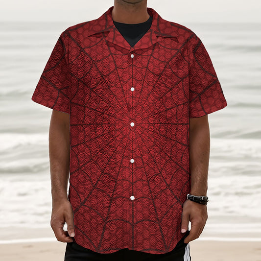 Red Spider Web Print Textured Short Sleeve Shirt