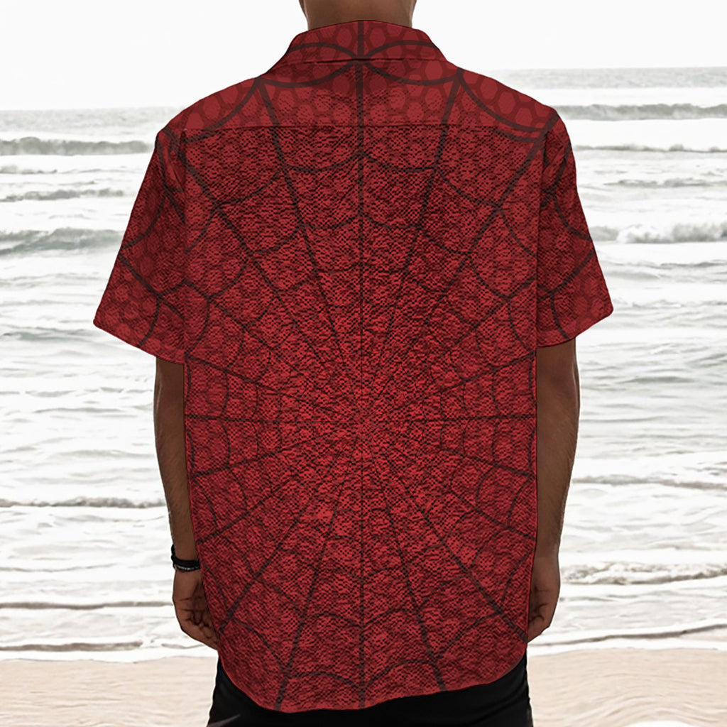 Red Spider Web Print Textured Short Sleeve Shirt