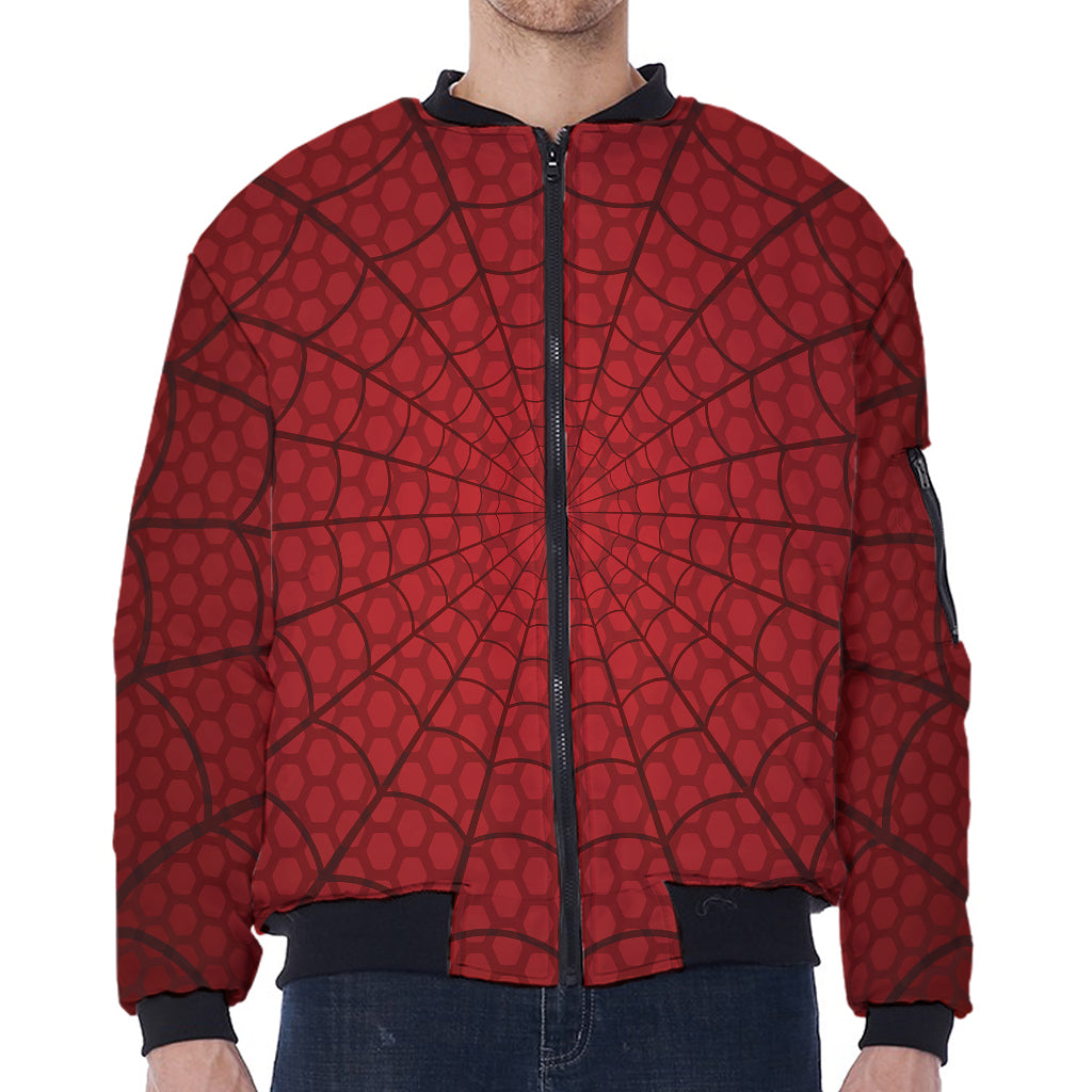 Red Spider Web Print Zip Sleeve Bomber Jacket