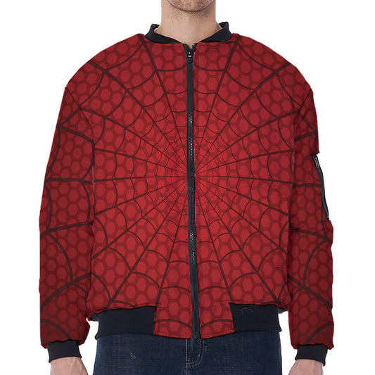 Red Spider Web Print Zip Sleeve Bomber Jacket