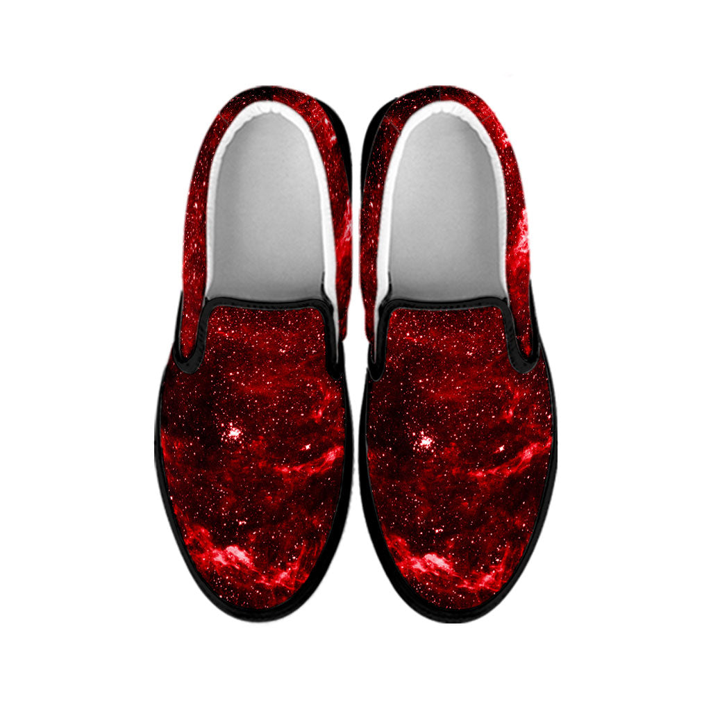 Red Stardust Universe Galaxy Space Print Black Slip On Sneakers