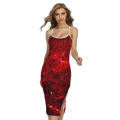 Red Stardust Universe Galaxy Space Print Cross Back Cami Dress
