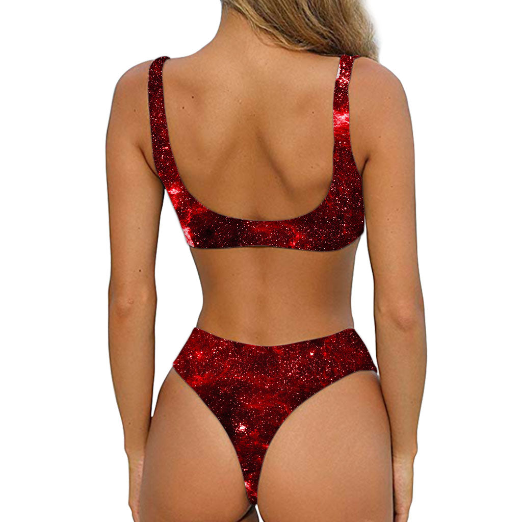 Red Stardust Universe Galaxy Space Print Front Bow Tie Bikini