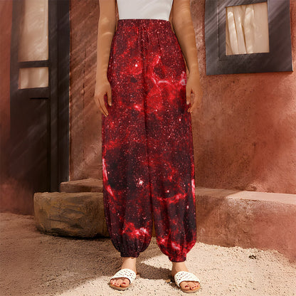 Red Stardust Universe Galaxy Space Print Harem Pants
