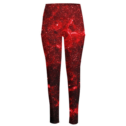 Red Stardust Universe Galaxy Space Print High-Waisted Pocket Leggings