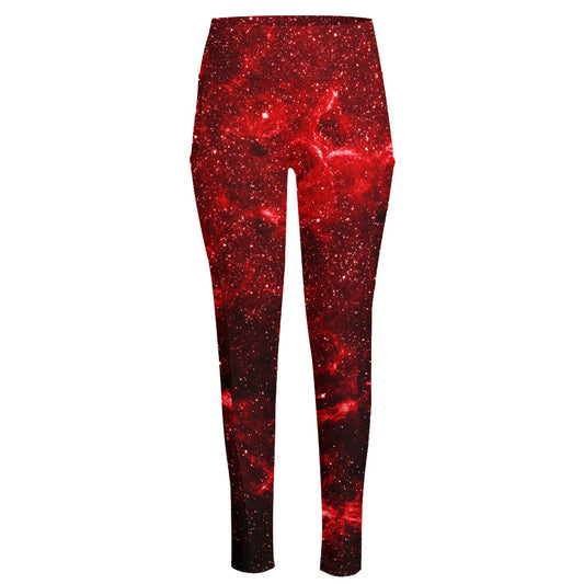 Red Stardust Universe Galaxy Space Print High-Waisted Pocket Leggings