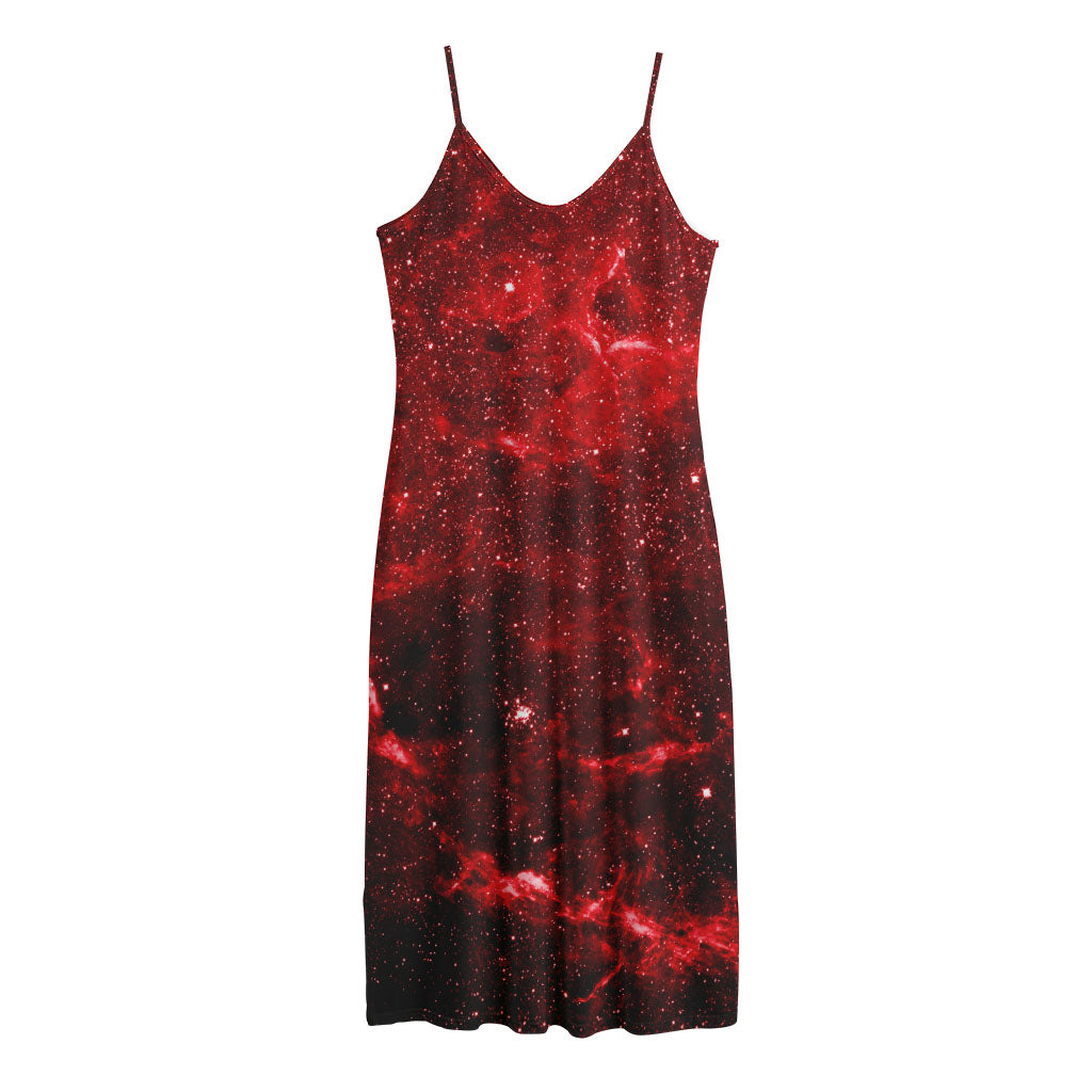 Red Stardust Universe Galaxy Space Print Jersey Midi Cami Dress