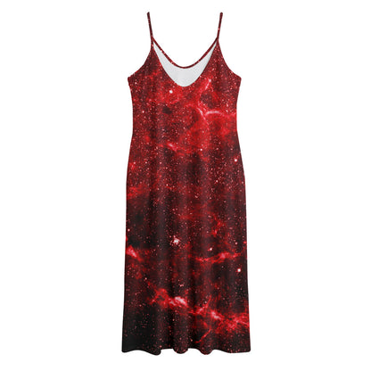 Red Stardust Universe Galaxy Space Print Jersey Midi Cami Dress