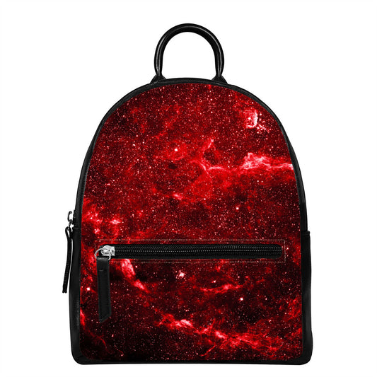 Red Stardust Universe Galaxy Space Print Leather Backpack