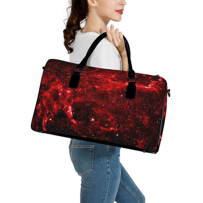 Red Stardust Universe Galaxy Space Print Leather Duffle Bag
