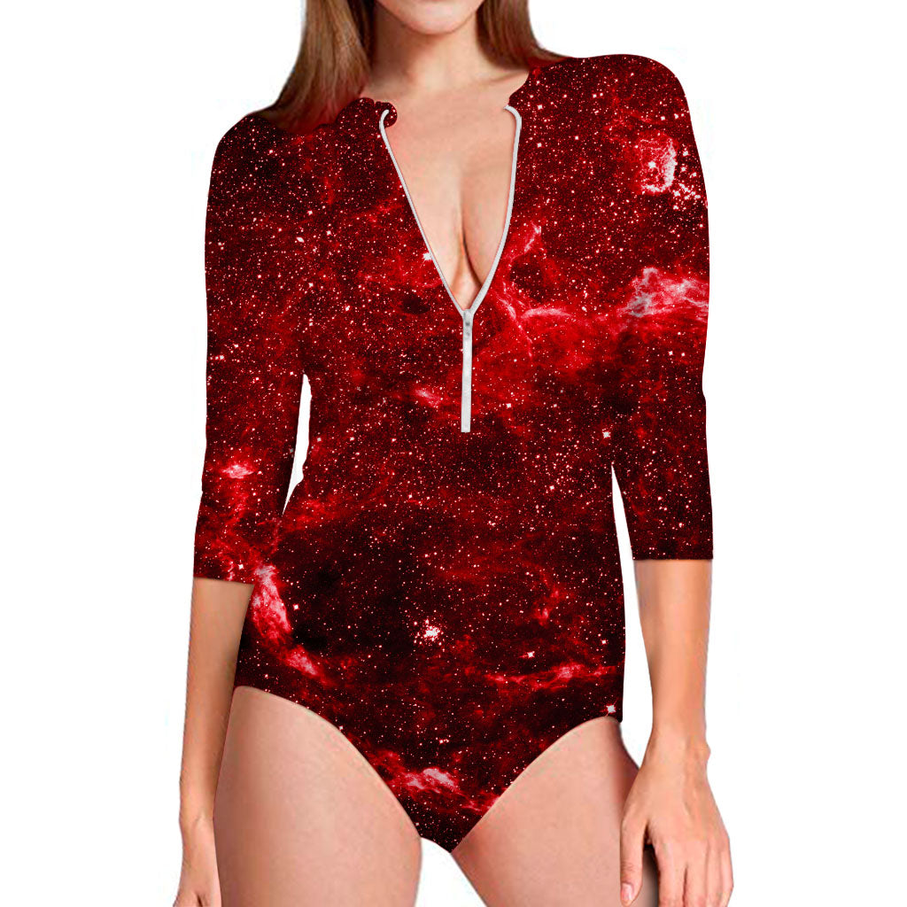 Red Stardust Universe Galaxy Space Print Long Sleeve Swimsuit