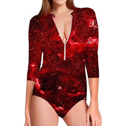 Red Stardust Universe Galaxy Space Print Long Sleeve Swimsuit