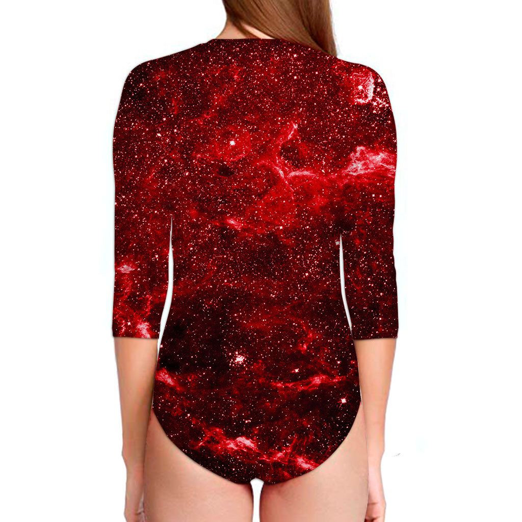 Red Stardust Universe Galaxy Space Print Long Sleeve Swimsuit