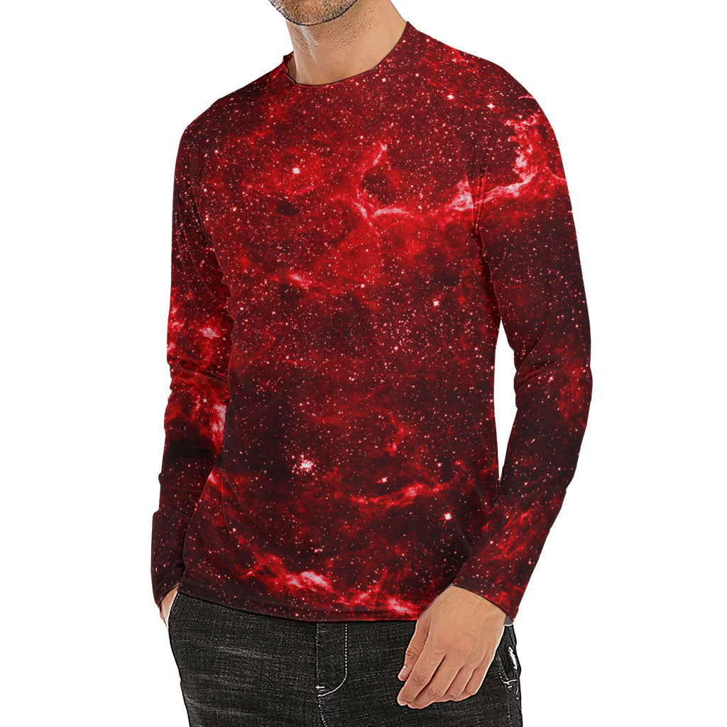 Red Stardust Universe Galaxy Space Print Men's Long Sleeve Rash Guard