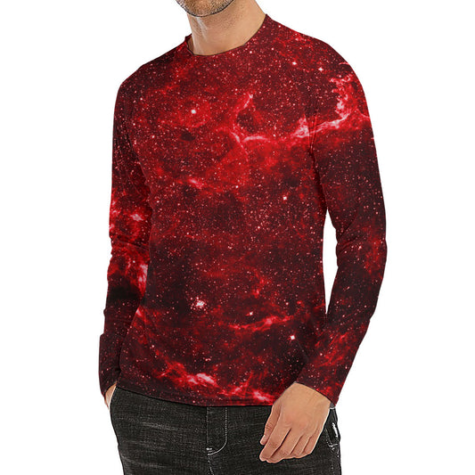 Red Stardust Universe Galaxy Space Print Men's Long Sleeve Rash Guard
