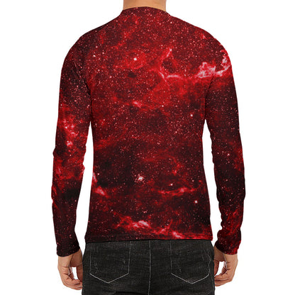 Red Stardust Universe Galaxy Space Print Men's Long Sleeve Rash Guard