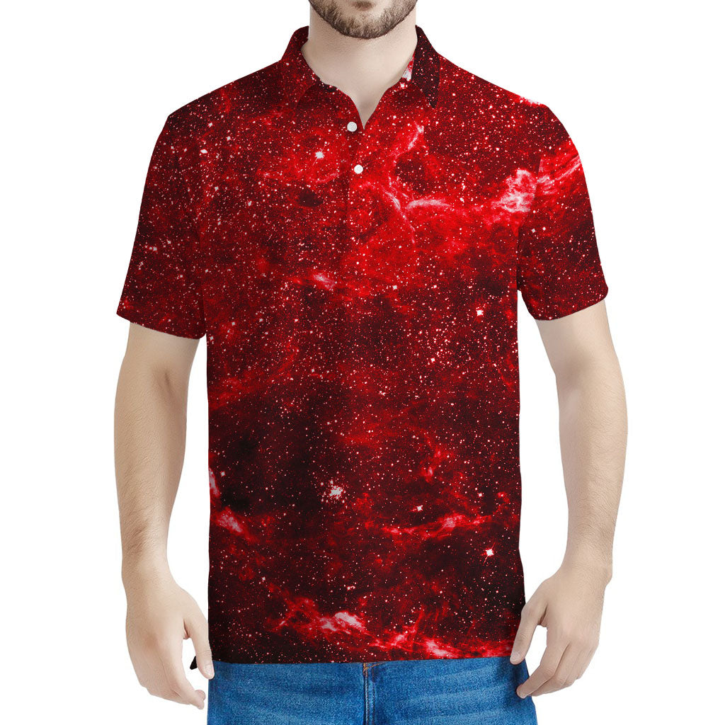 Red Stardust Universe Galaxy Space Print Men's Polo Shirt