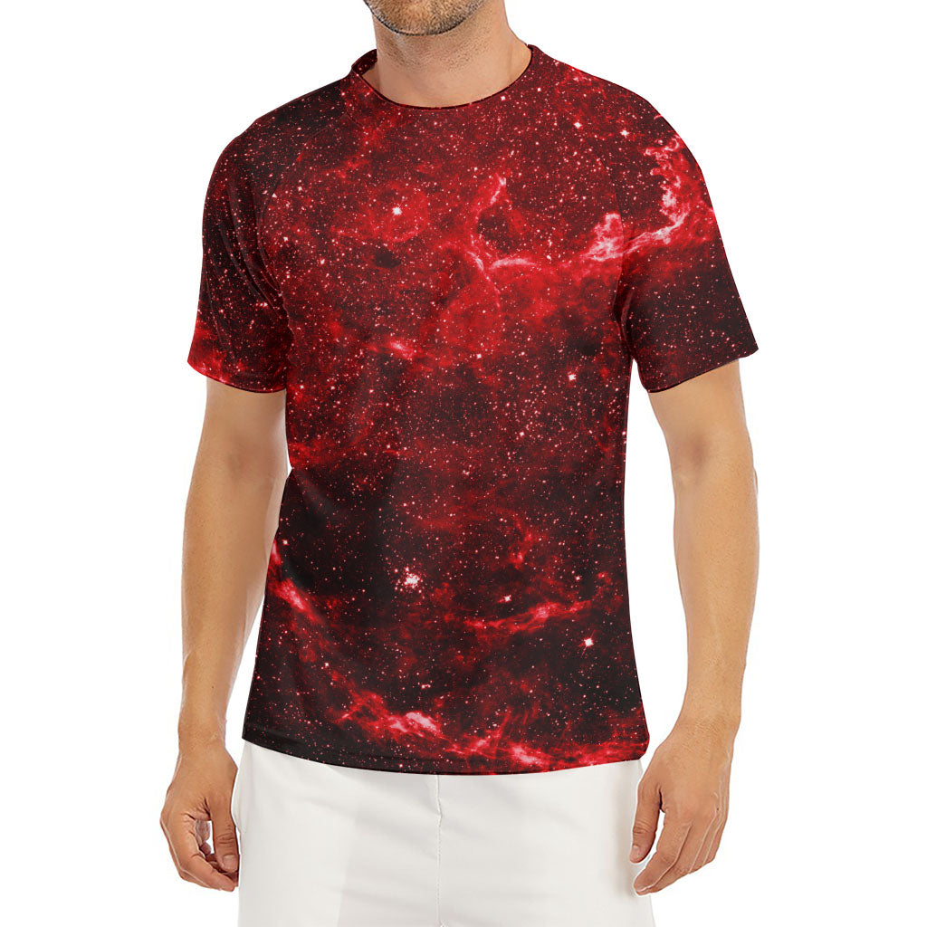 Red Stardust Universe Galaxy Space Print Men's Short Sleeve Rash Guard