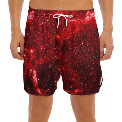 Red Stardust Universe Galaxy Space Print Men's Split Running Shorts