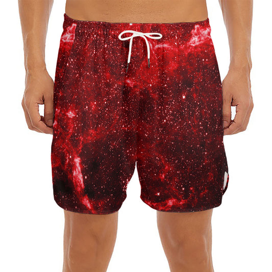 Red Stardust Universe Galaxy Space Print Men's Split Running Shorts