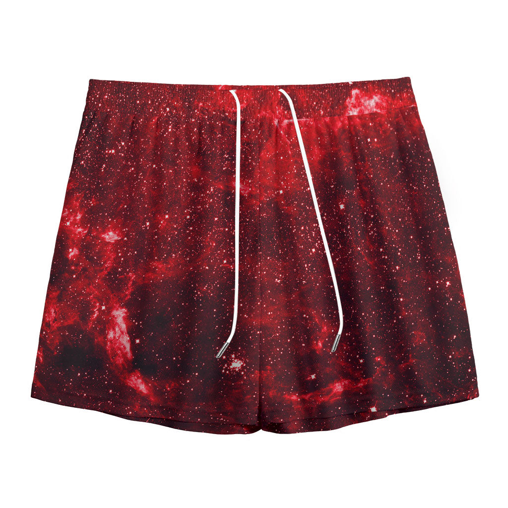 Red Stardust Universe Galaxy Space Print Mesh Shorts