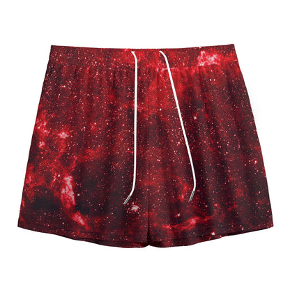 Red Stardust Universe Galaxy Space Print Mesh Shorts