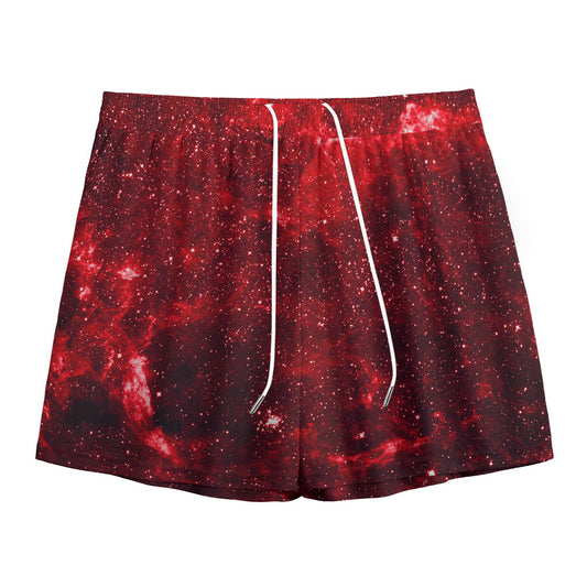 Red Stardust Universe Galaxy Space Print Mesh Shorts