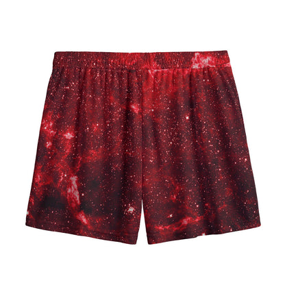 Red Stardust Universe Galaxy Space Print Mesh Shorts