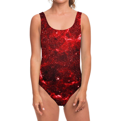 Red Stardust Universe Galaxy Space Print One Piece Swimsuit