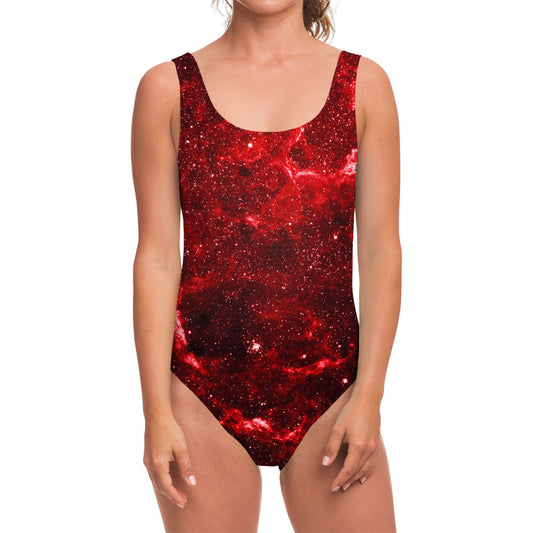 Red Stardust Universe Galaxy Space Print One Piece Swimsuit