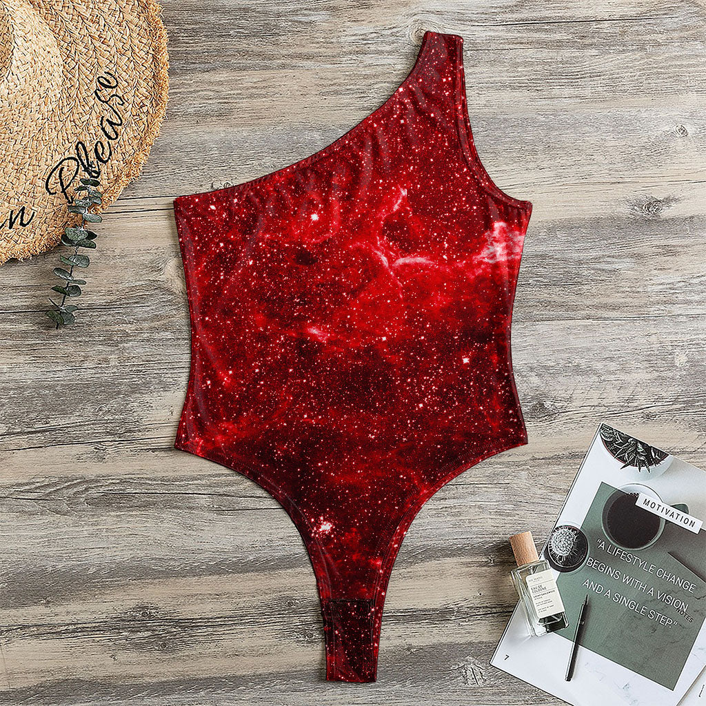 Red Stardust Universe Galaxy Space Print One Shoulder Bodysuit