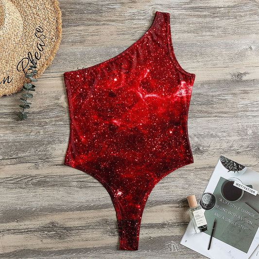Red Stardust Universe Galaxy Space Print One Shoulder Bodysuit