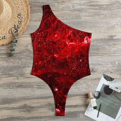 Red Stardust Universe Galaxy Space Print One Shoulder Bodysuit