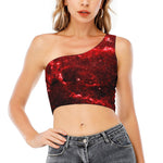 Red Stardust Universe Galaxy Space Print One Shoulder Crop Top