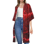 Red Stardust Universe Galaxy Space Print Open Front Beach Cover Up