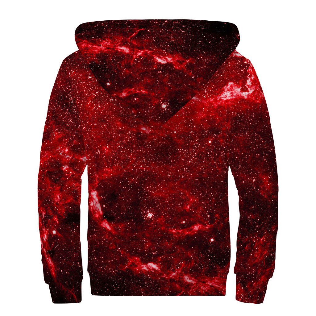 Red Stardust Universe Galaxy Space Print Sherpa Lined Zip Up Hoodie