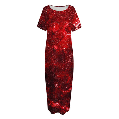 Red Stardust Universe Galaxy Space Print Short Sleeve Long Nightdress