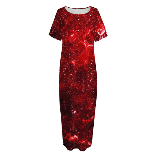 Red Stardust Universe Galaxy Space Print Short Sleeve Long Nightdress