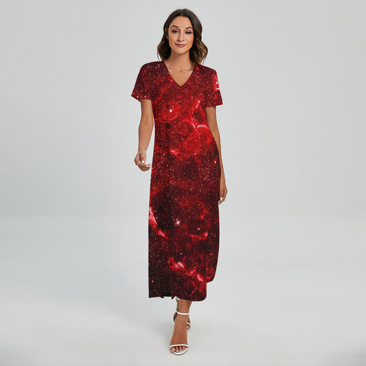 Red Stardust Universe Galaxy Space Print Short Sleeve Maxi Dress