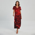 Red Stardust Universe Galaxy Space Print Short Sleeve Maxi Dress