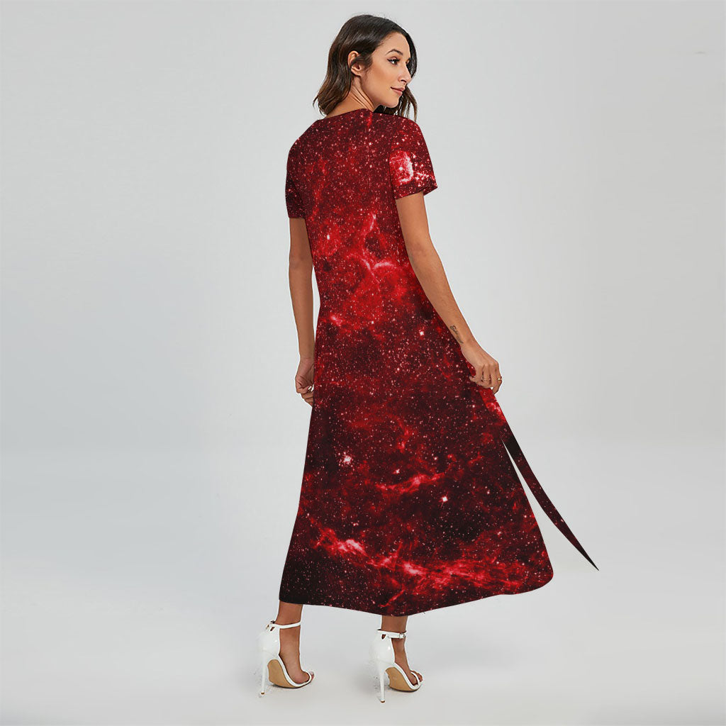 Red Stardust Universe Galaxy Space Print Short Sleeve Maxi Dress