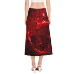 Red Stardust Universe Galaxy Space Print Side Slit Midi Skirt